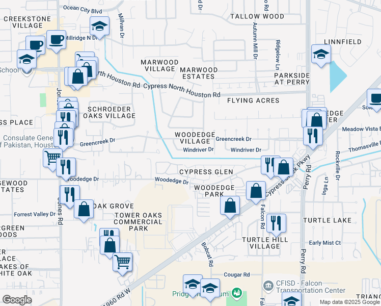map of restaurants, bars, coffee shops, grocery stores, and more near 10303 Windriver Drive in Houston