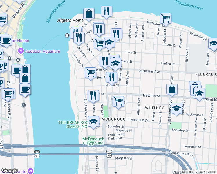 map of restaurants, bars, coffee shops, grocery stores, and more near 931 Vallette Street in New Orleans