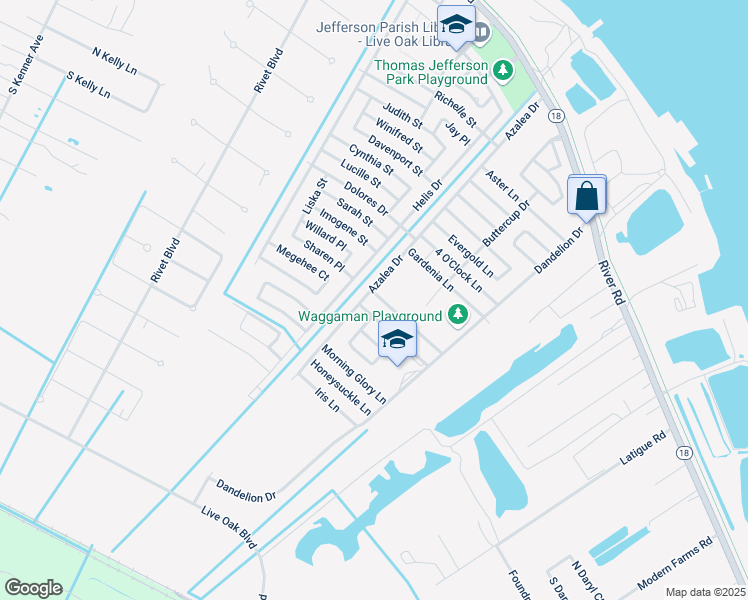 map of restaurants, bars, coffee shops, grocery stores, and more near 9 Primrose Lane in Westwego