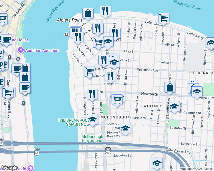 map of restaurants, bars, coffee shops, grocery stores, and more near 931 Vallette Street in New Orleans