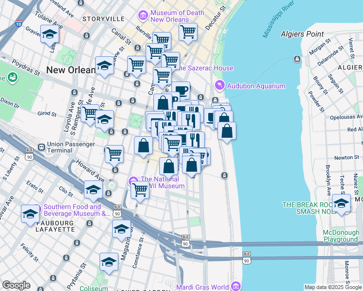 map of restaurants, bars, coffee shops, grocery stores, and more near in New Orleans