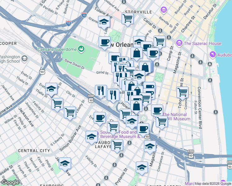 map of restaurants, bars, coffee shops, grocery stores, and more near 701 Loyola Avenue in New Orleans