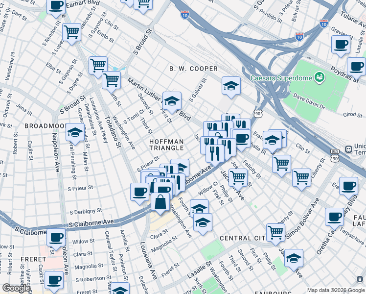 map of restaurants, bars, coffee shops, grocery stores, and more near 2417 South Roman Street in New Orleans