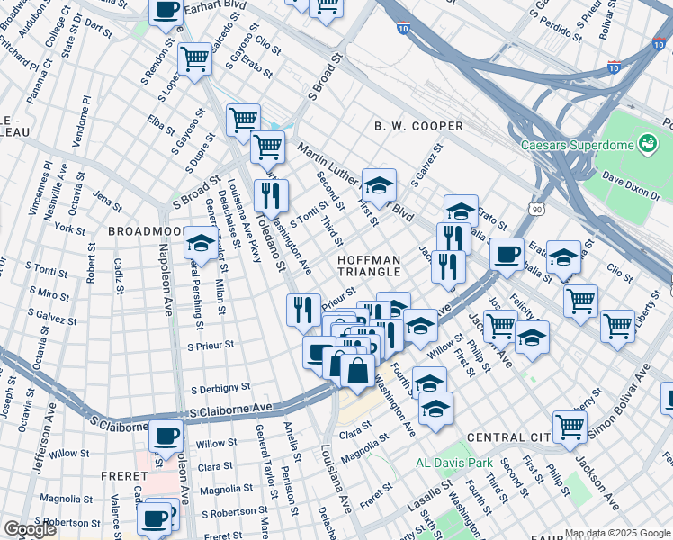 map of restaurants, bars, coffee shops, grocery stores, and more near 2700 South Johnson Street in New Orleans