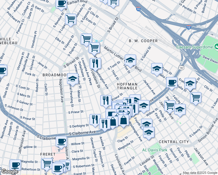 map of restaurants, bars, coffee shops, grocery stores, and more near 3418 Washington Avenue in New Orleans