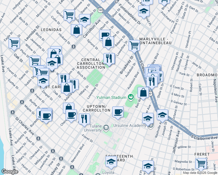 map of restaurants, bars, coffee shops, grocery stores, and more near 1634 Broadway Street in New Orleans