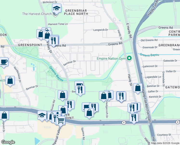 map of restaurants, bars, coffee shops, grocery stores, and more near 17002 Mynor Woods Lane in Houston