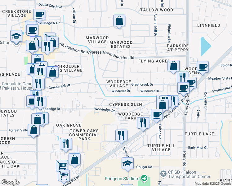 map of restaurants, bars, coffee shops, grocery stores, and more near 10303 Windriver Drive in Houston