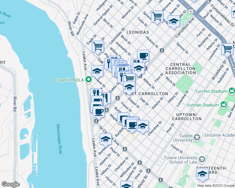 map of restaurants, bars, coffee shops, grocery stores, and more near 1015 South Carrollton Avenue in New Orleans
