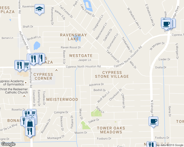 map of restaurants, bars, coffee shops, grocery stores, and more near 11900 Barwood Bend Drive in Houston