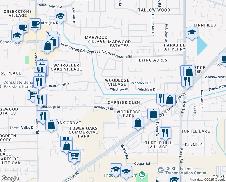 map of restaurants, bars, coffee shops, grocery stores, and more near 10303 Windriver Drive in Houston