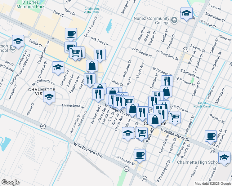 map of restaurants, bars, coffee shops, grocery stores, and more near 2713 Palmetto Street in Chalmette