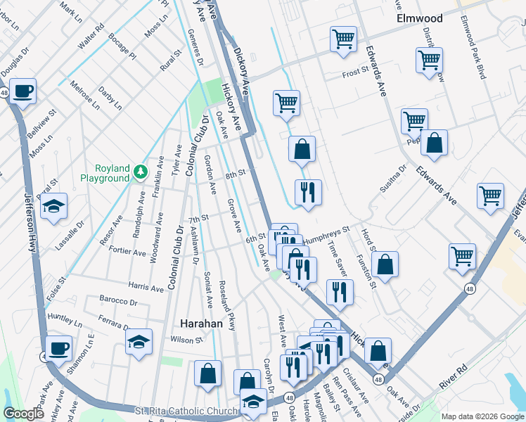 map of restaurants, bars, coffee shops, grocery stores, and more near 665 Oak Avenue in Harahan