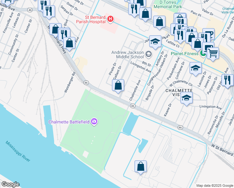map of restaurants, bars, coffee shops, grocery stores, and more near 8241 West Saint Bernard Highway in Chalmette