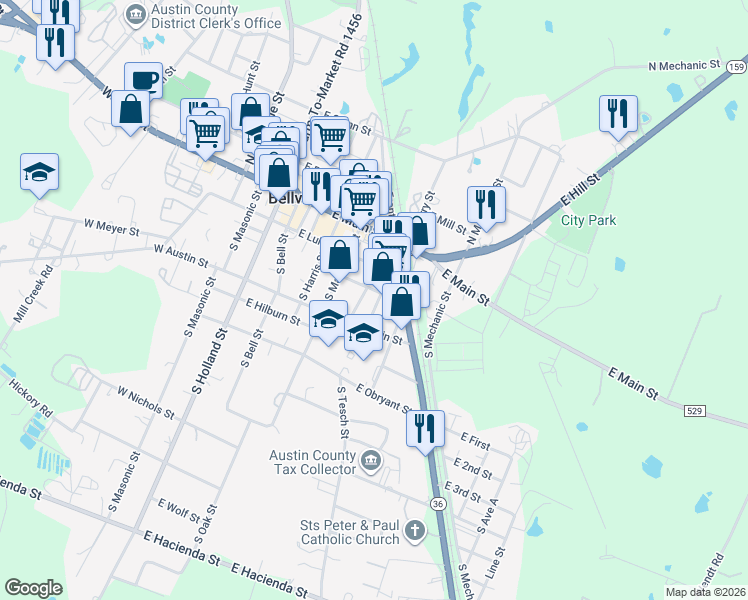 map of restaurants, bars, coffee shops, grocery stores, and more near 215 South Tesch Street in Bellville