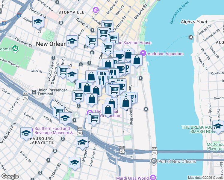 map of restaurants, bars, coffee shops, grocery stores, and more near Tchoupitoulas St & Girod St in New Orleans