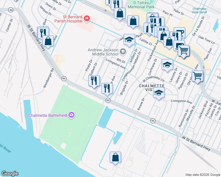 map of restaurants, bars, coffee shops, grocery stores, and more near 202 2nd Street in Chalmette