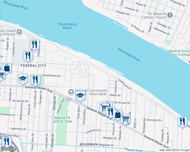map of restaurants, bars, coffee shops, grocery stores, and more near 1028 Southlawn Boulevard in New Orleans