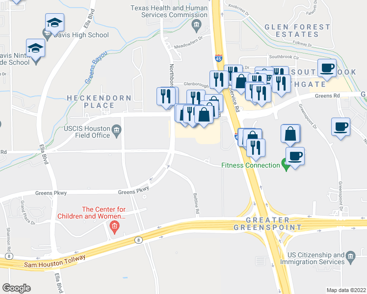 map of restaurants, bars, coffee shops, grocery stores, and more near 450 Gears Road in Houston