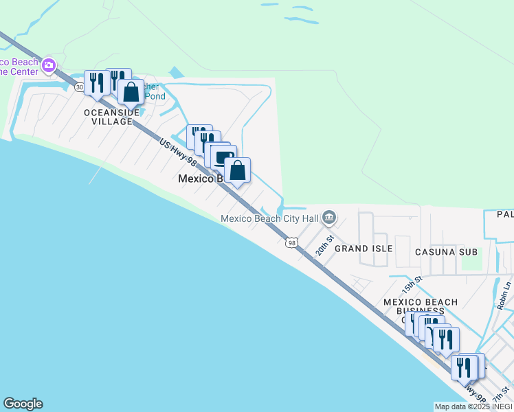 map of restaurants, bars, coffee shops, grocery stores, and more near 2500 U.S. 98 in Mexico Beach