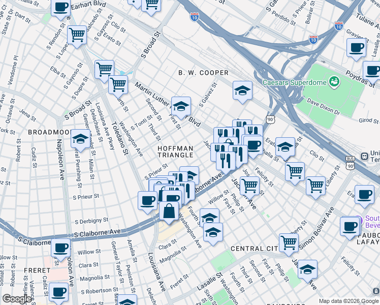 map of restaurants, bars, coffee shops, grocery stores, and more near 2417 South Roman Street in New Orleans