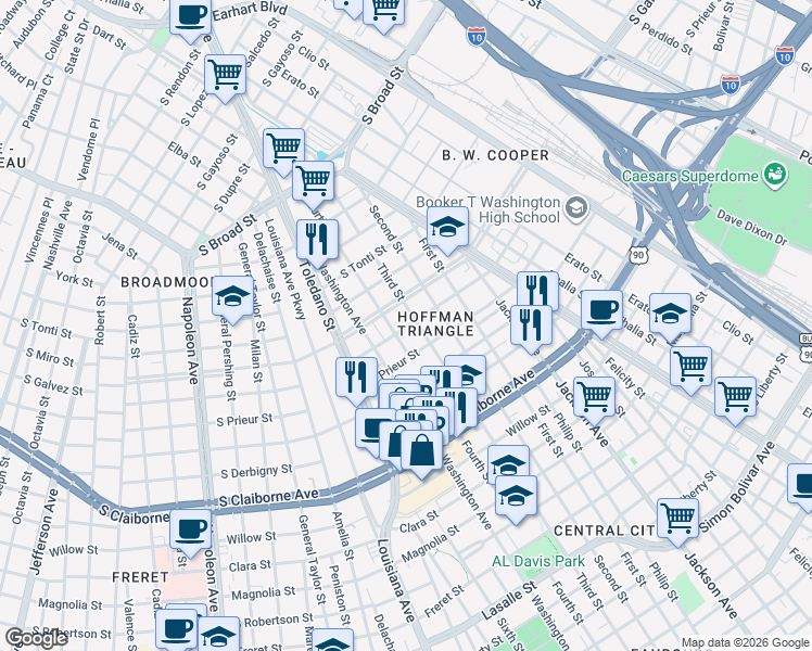 map of restaurants, bars, coffee shops, grocery stores, and more near 2700 South Johnson Street in New Orleans