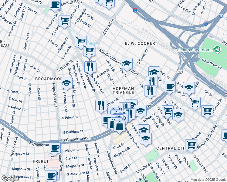 map of restaurants, bars, coffee shops, grocery stores, and more near 2700 South Johnson Street in New Orleans