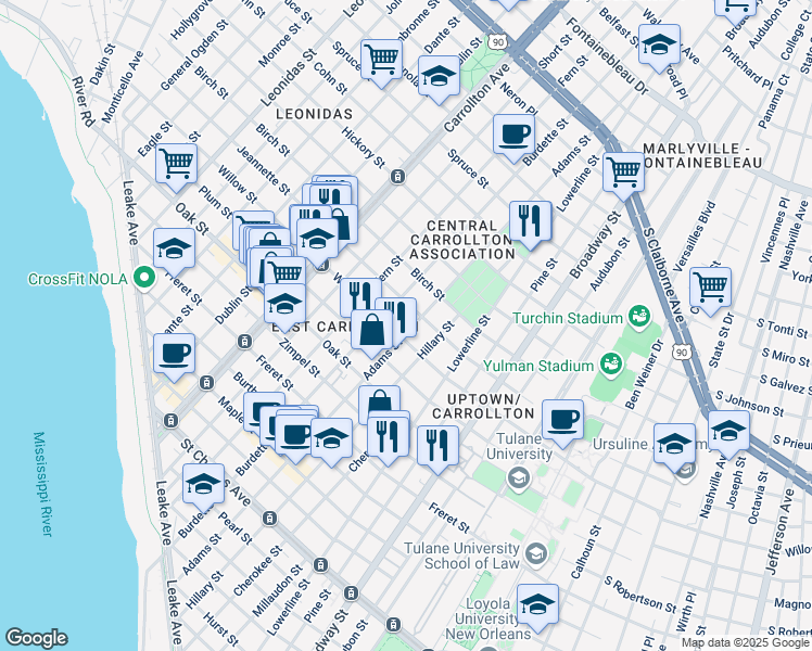 map of restaurants, bars, coffee shops, grocery stores, and more near 1409 Adams Street in New Orleans