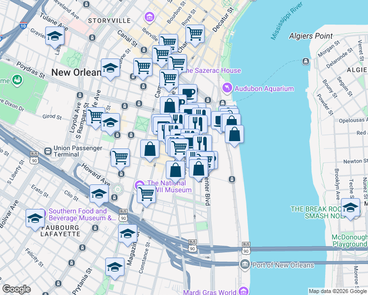 map of restaurants, bars, coffee shops, grocery stores, and more near in New Orleans
