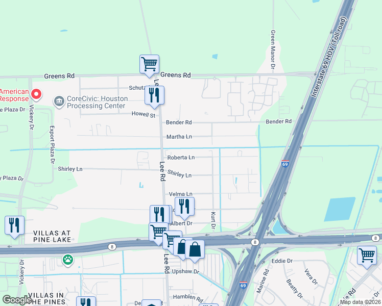 map of restaurants, bars, coffee shops, grocery stores, and more near 5906 Roberta Lane in Humble