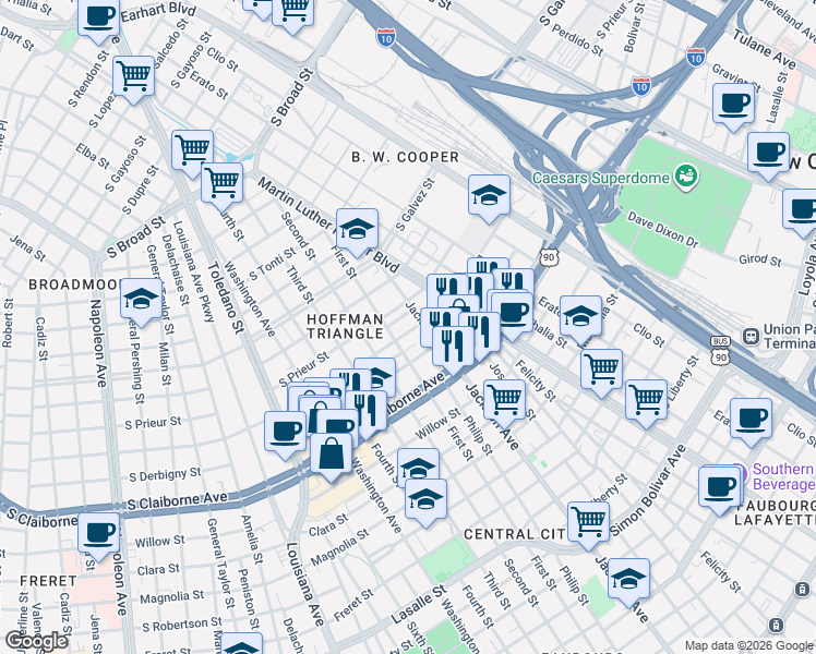 map of restaurants, bars, coffee shops, grocery stores, and more near 2321 South Derbigny Street in New Orleans
