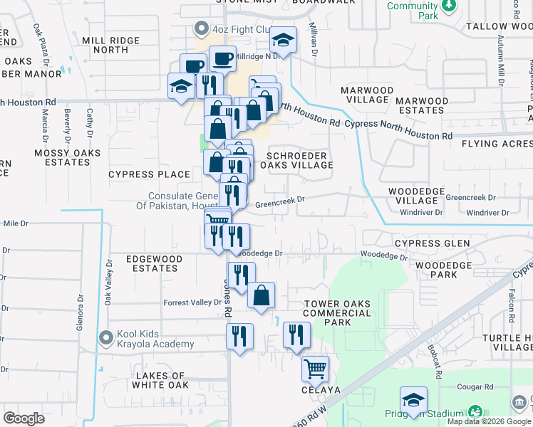 map of restaurants, bars, coffee shops, grocery stores, and more near 10803 Greencreek Drive in Houston