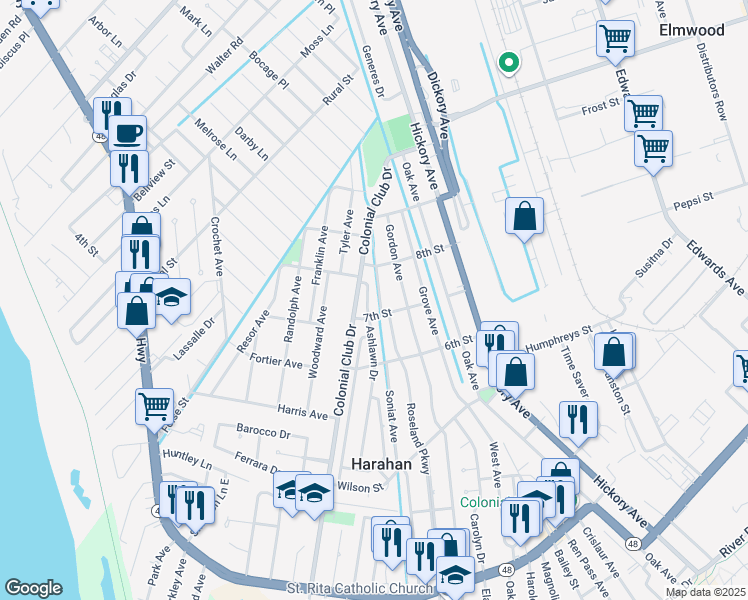 map of restaurants, bars, coffee shops, grocery stores, and more near 700 Ashlawn Drive in Harahan