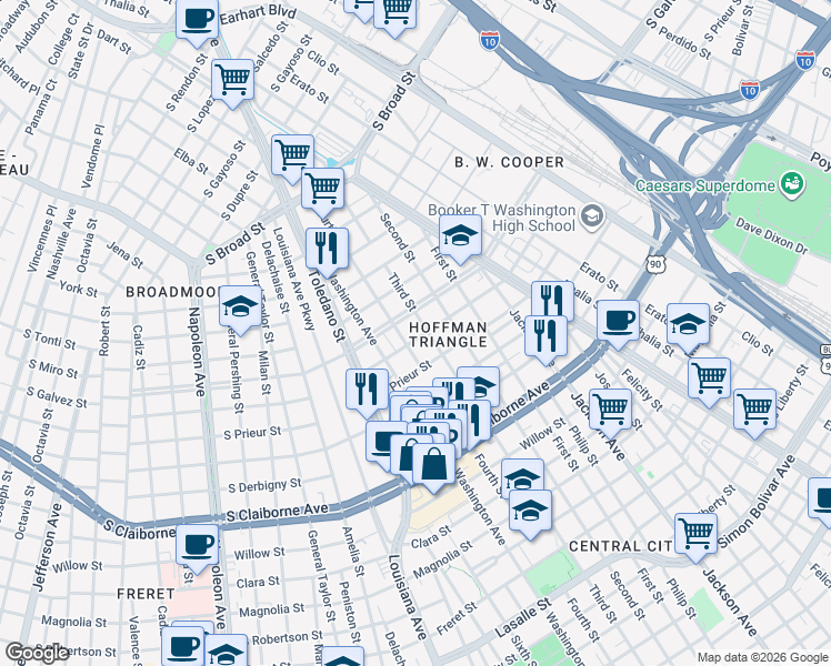 map of restaurants, bars, coffee shops, grocery stores, and more near 2700 South Johnson Street in New Orleans
