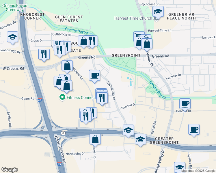 map of restaurants, bars, coffee shops, grocery stores, and more near 16855 Northchase Drive in Houston