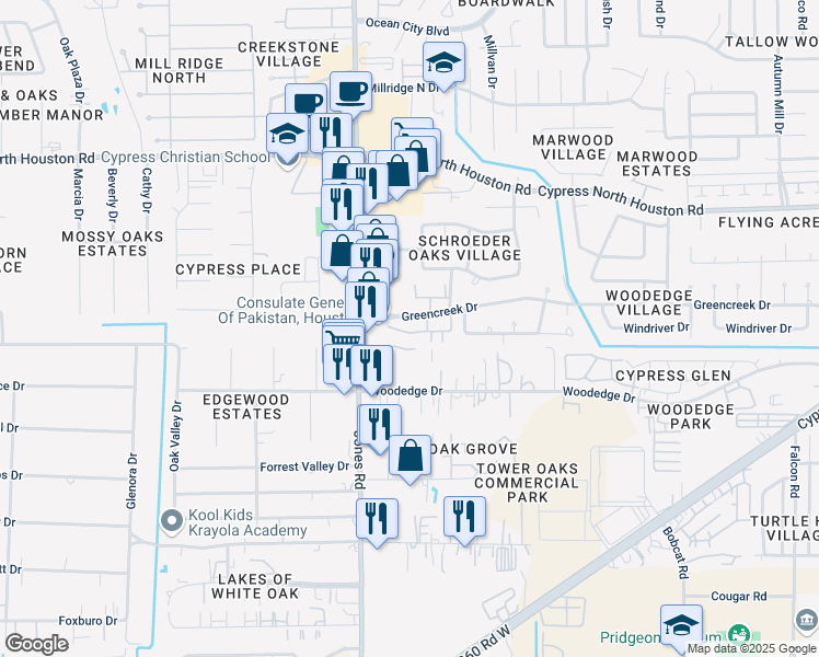 map of restaurants, bars, coffee shops, grocery stores, and more near 10803 Greencreek Drive in Houston