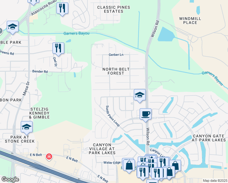 map of restaurants, bars, coffee shops, grocery stores, and more near 9307 Black Tooth Way in Humble
