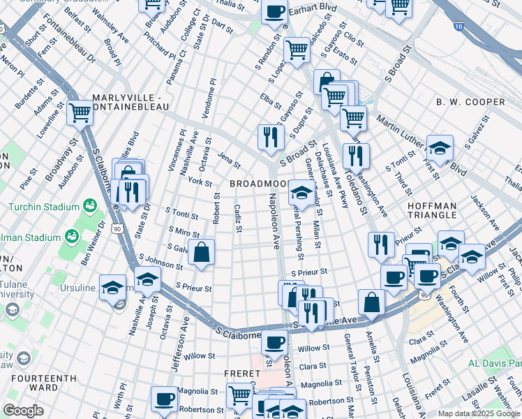 map of restaurants, bars, coffee shops, grocery stores, and more near 4427 South Tonti Street in New Orleans
