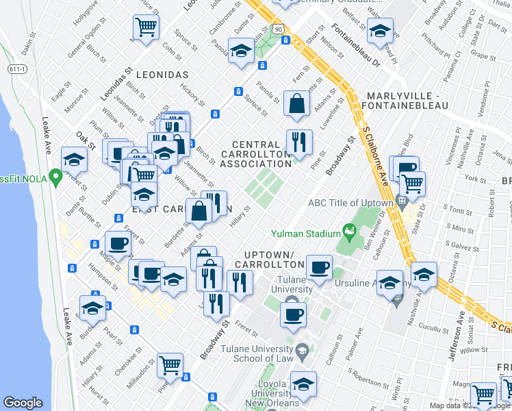 map of restaurants, bars, coffee shops, grocery stores, and more near 7534 Birch Street in New Orleans