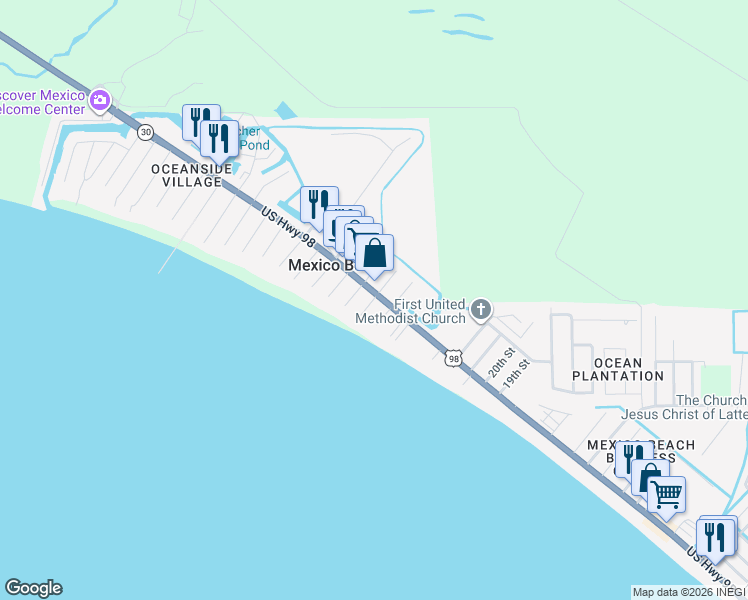 map of restaurants, bars, coffee shops, grocery stores, and more near 105 27th Street in Mexico Beach
