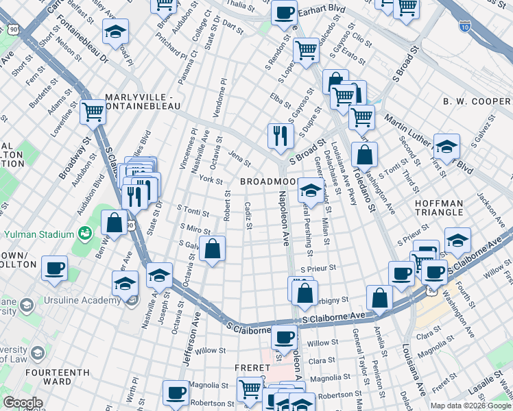 map of restaurants, bars, coffee shops, grocery stores, and more near 4600 South Tonti Street in New Orleans