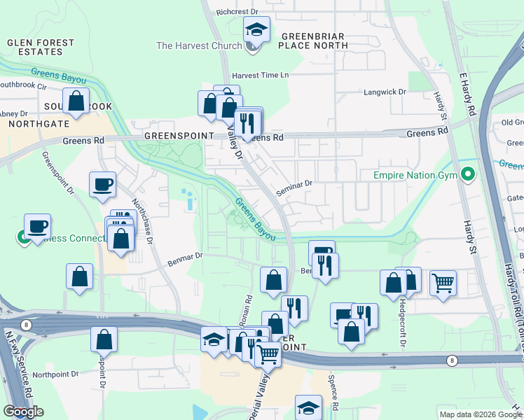 map of restaurants, bars, coffee shops, grocery stores, and more near 17103 Imperial Valley Drive in Houston