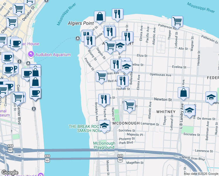 map of restaurants, bars, coffee shops, grocery stores, and more near 920 Nunez Street in New Orleans
