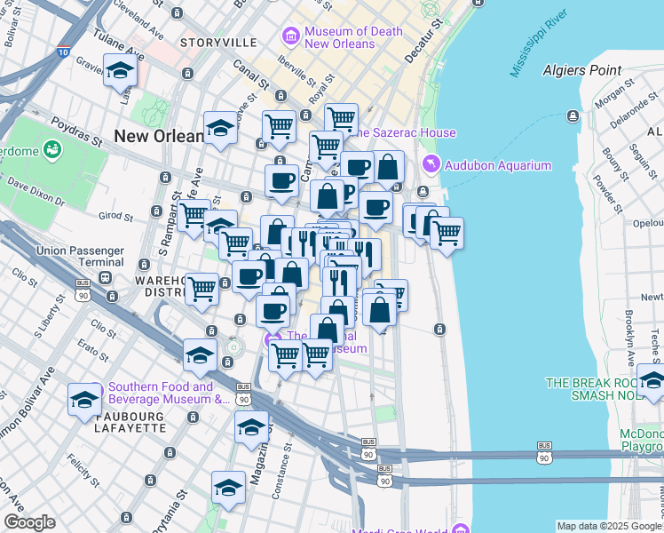 map of restaurants, bars, coffee shops, grocery stores, and more near 731 Tchoupitoulas Street in New Orleans