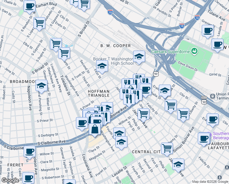 map of restaurants, bars, coffee shops, grocery stores, and more near 2417 South Roman Street in New Orleans