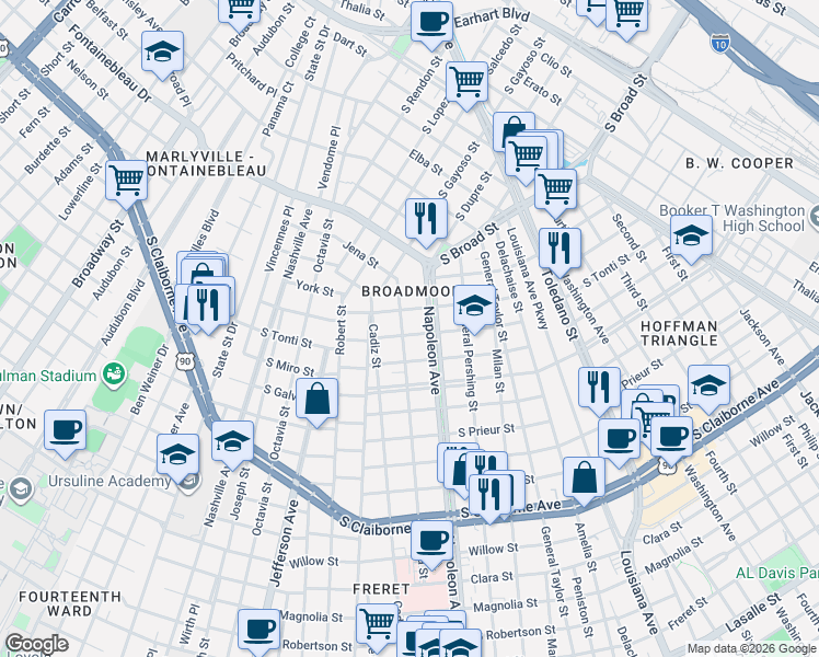 map of restaurants, bars, coffee shops, grocery stores, and more near 3615 Jena Street in New Orleans