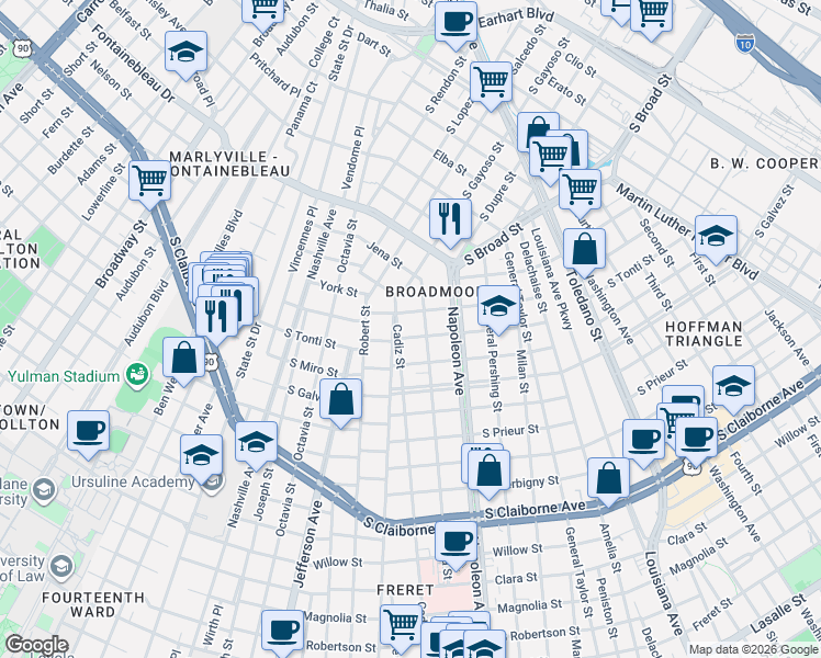 map of restaurants, bars, coffee shops, grocery stores, and more near 4600 South Tonti Street in New Orleans