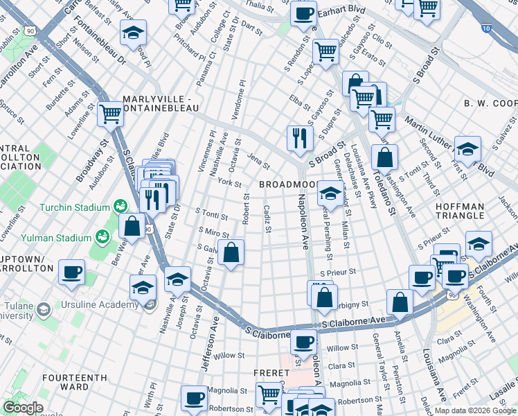 map of restaurants, bars, coffee shops, grocery stores, and more near 4600 South Tonti Street in New Orleans