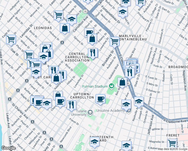map of restaurants, bars, coffee shops, grocery stores, and more near 1634 Broadway Street in New Orleans