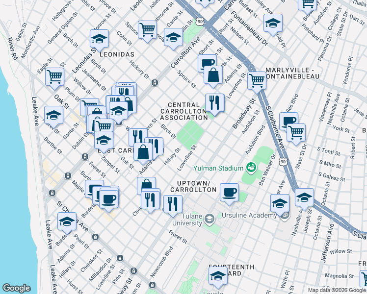 map of restaurants, bars, coffee shops, grocery stores, and more near 7521 Jeannette Street in New Orleans
